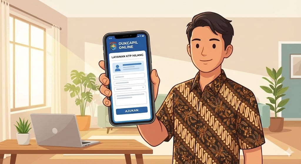 seorang pengguna mengakses aplikasi Dukcapil online di smartphone mereka untuk melaporkan KTP yang hilang