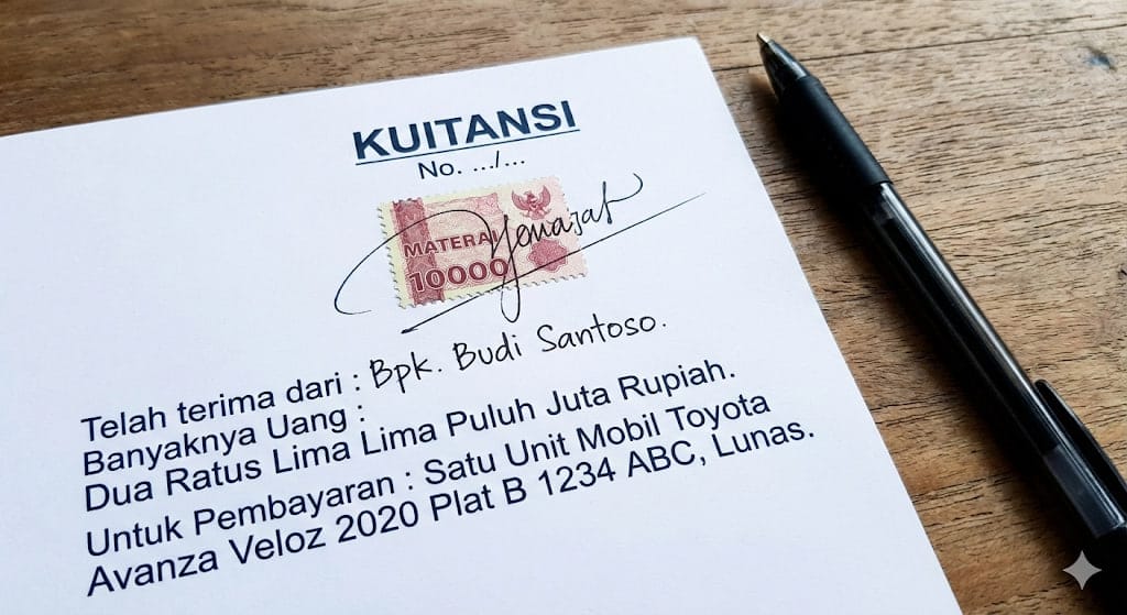 Kuitansi pembelian yang sah wajib menyertakan tanda tangan penjual yang mengenai materai Rp10.000, tanggal transaksi, dan detail kendaraan.