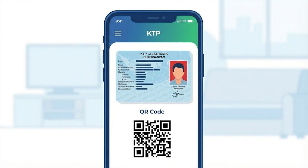 tampilan aplikasi Identitas Kependudukan Digital (IKD) pada smartphone, yang menampilkan KTP digital dan QR Code untuk verifikasi.