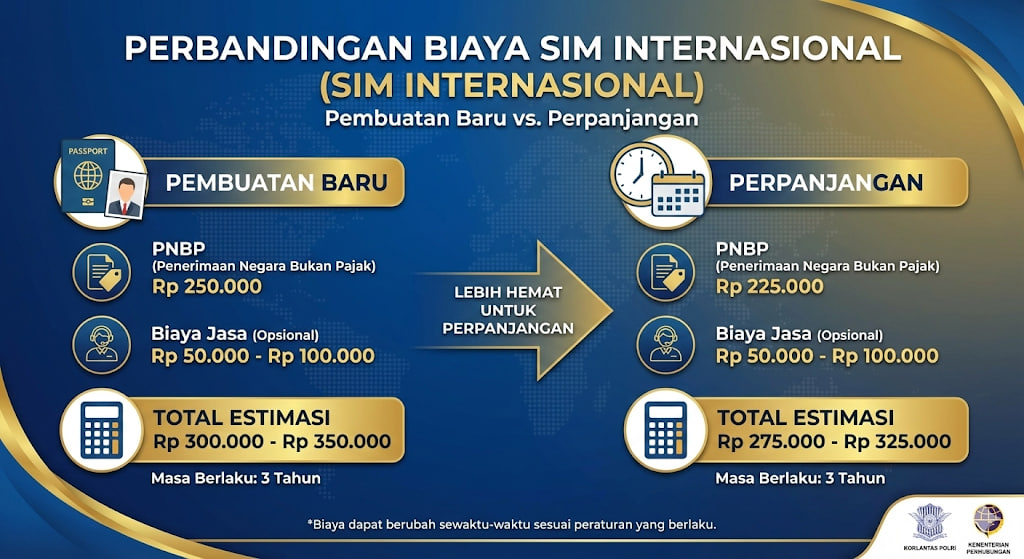 Rincian tarif Penerimaan Negara Bukan Pajak (PNBP) untuk pembuatan baru dan perpanjangan SIM Internasional tahun 2025. Biaya ini belum termasuk jasa pengiriman.